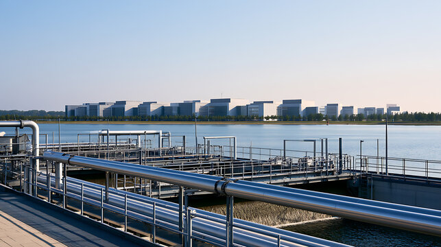 Modern industrial wastewater treatment plant facility with steel piping infrastructure and large clarification tanks located near calm lake water
