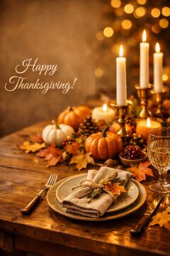 Elegant thanksgiving table setting with candles pumpkins autumn leaves and warm candlelight for holiday dinner background and festive centerpiece design