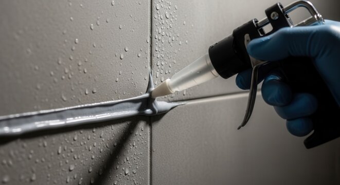 Professional Sealing Work With Caulk Gun On Wet Tile Surface