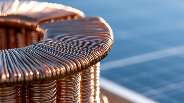 Close up of a copper inductor coil component used in electronic circuit boards and power supply systems for energy transfer and storage