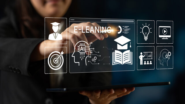 Modern E-Learning Concept with Digital Icons Representing Education, Technology, and Online Learning Interactivity in a Professional Environment. Bitwise.