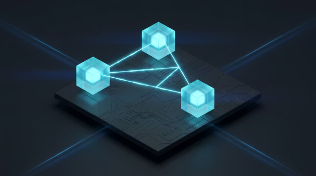 Isometric 3d render of glowing cyan blockchain cubes connected by light beams on dark platform