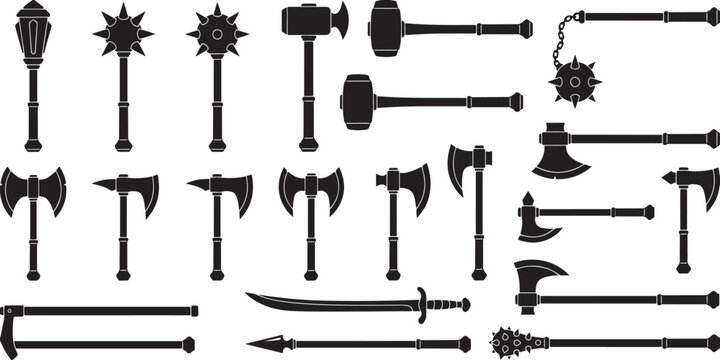 Set of different medieval weapons axes swords maces and spears collection silhouettes on transparent background.