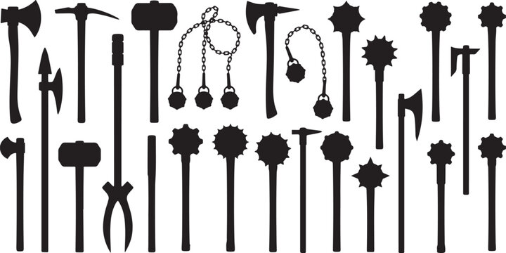 Collection of medieval bludgeoning and cutting weapons such as axes maces clubs and swords on checkered background.