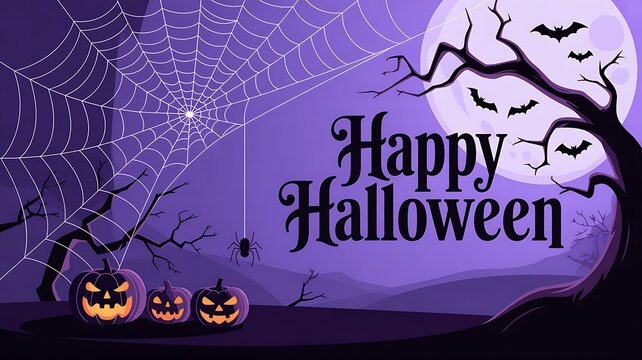 Spooky halloween night scene with glowing pumpkins under a full moon and silhouetted trees