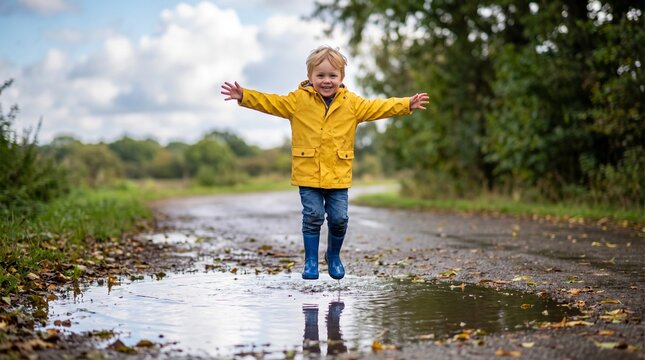 Joyful young boy in yellow raincoat jumping in puddle on rainy day