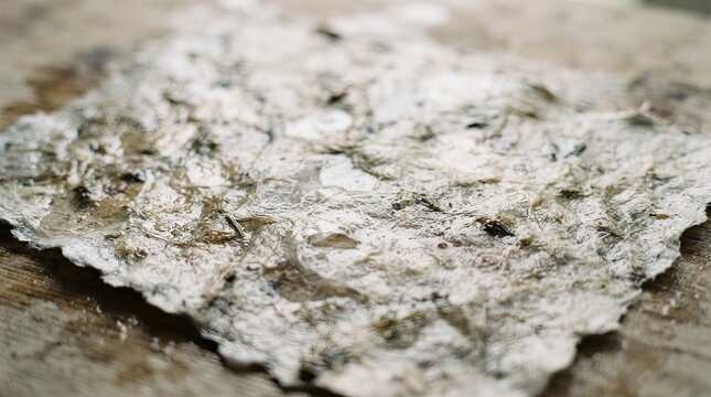 Handmade textured paper sheet with organic plant fibers on wooden surface