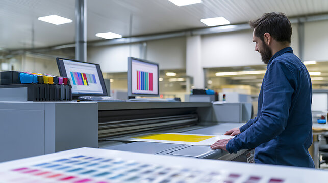 Professional worker operate large format printer in modern print shop, managing digital production process for commercial collateral and media