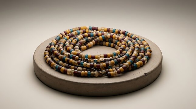 African waist beads arranged in a decorative spiral pattern on a flat grey stone display base, representing traditional jewelry and cultural heritage.