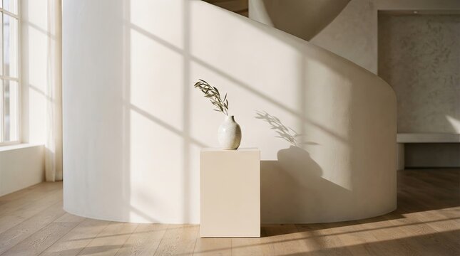 Minimalist interior with a ceramic vase on a pedestal