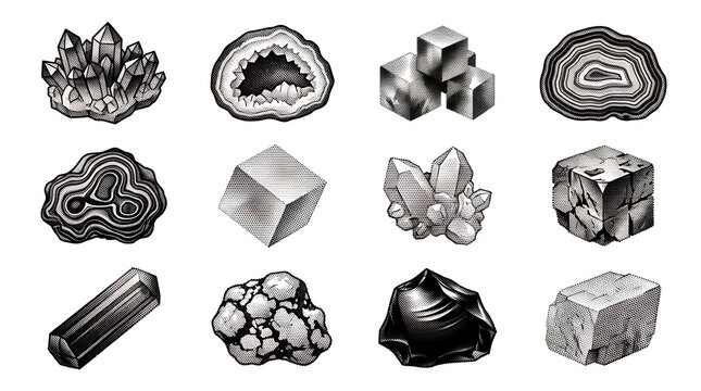 Monochrome crystal and mineral geology specimens vector set on plain white background.