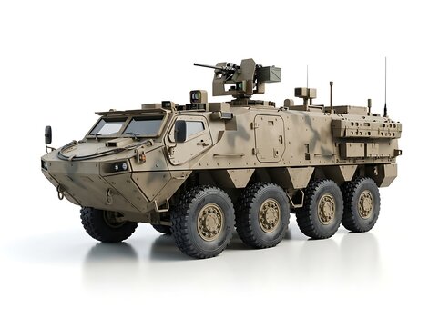 Military camouflage armored vehicle with mounted machine gun
