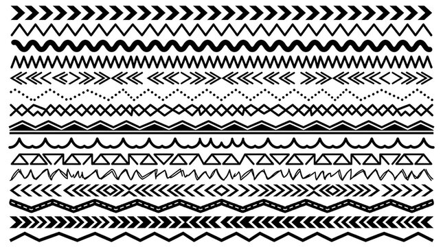 Collection of black and white hand drawn tribal patterned borders and dividers