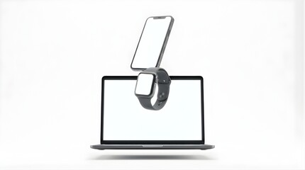 Obraz premium Floating laptop phone and watch with blank screens on white background