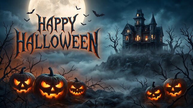 Happy halloween background with carved glowing pumpkins and a scary haunted house under a full moon