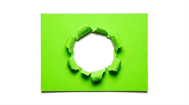 Green paper with a round hole ripped in the center isolated on white