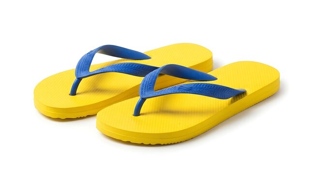 Vibrant yellow flip flops with blue straps on white background
