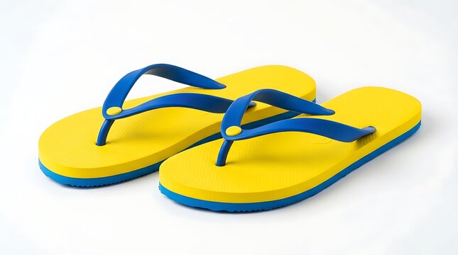 Vibrant yellow flip flops with blue straps on white background