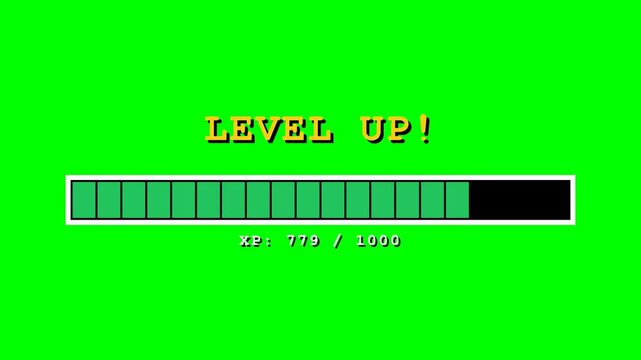 Pixel art level up progress bar animation on green screen