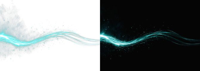 Cyan light trail wave with glowing magic particles overlay. Abstract cyan energy wave trail isolated on white and black background. Shining turquoise magic dust wave line © Star_Studio