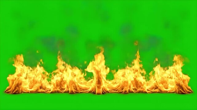 Horizontal line of orange fire burning with smoke on green screen