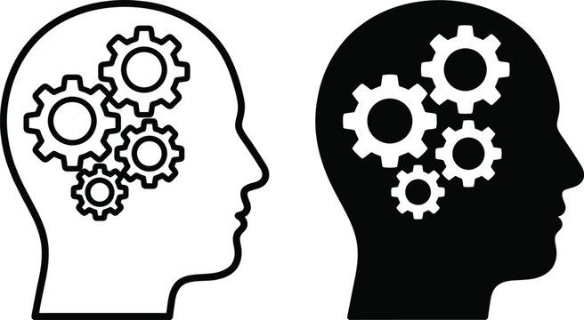 Conceptual illustration of two human heads with gears inside them