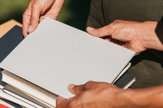 New year planning with hands arranging a stack of blank cloth-bound planners, featuring a gilded edge and copy space for stationery retail