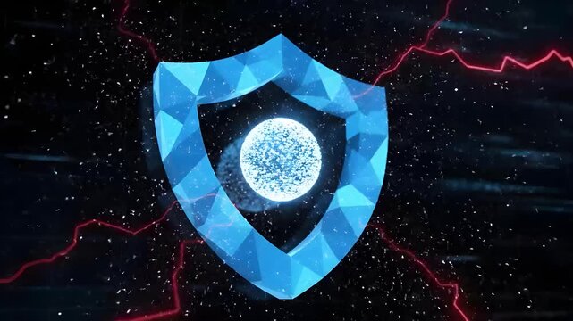Low poly blue shield protecting glowing orb with red lightning