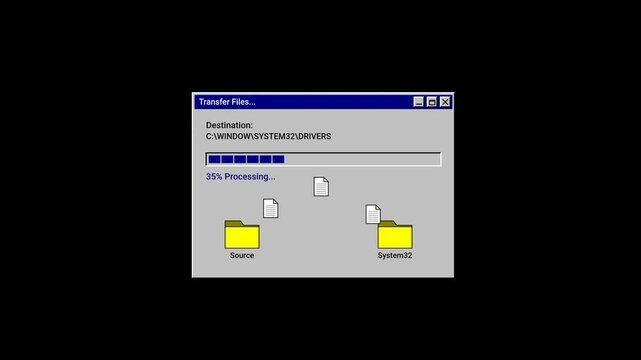 animated retro computer file transfer dialog box with loading progress bar on a black background