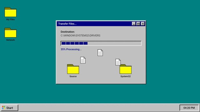 retro computer interface showing file transfer progress bar on a classic teal desktop background
