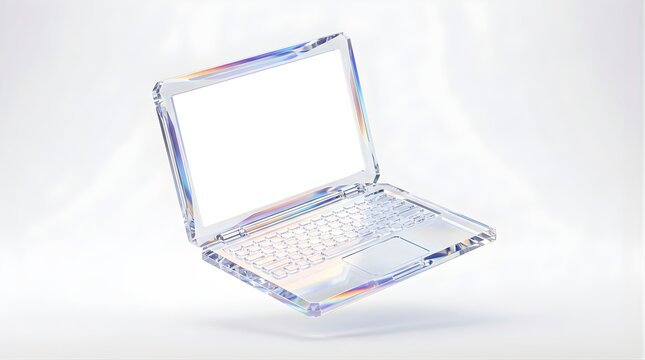 Transparent glass laptop floating with iridescent light on white background