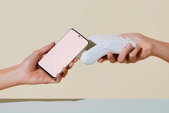 Smartphone making a contactless payment on a handheld card reader, featuring a glowing blank screen and soft lighting for a payment app mockup with copy space