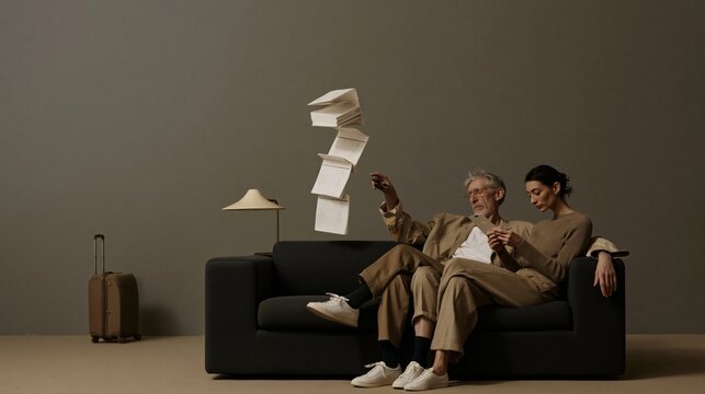 Holiday travel booking documents in a precarious tilt as a senior parent and adult child plan their trip on a dark charcoal sofa with copy space