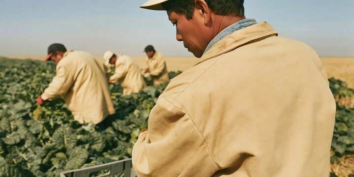 Farmer wearing a tan canvas coat in a harvest field, showing a blank back for branding mockup and copy space during national farmers day