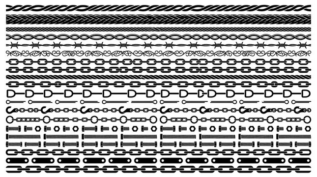 Set of various metal chain link style graphic borders with industrial design