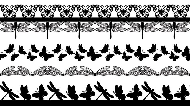 Collection of decorative borders with butterfly and dragonfly motifs