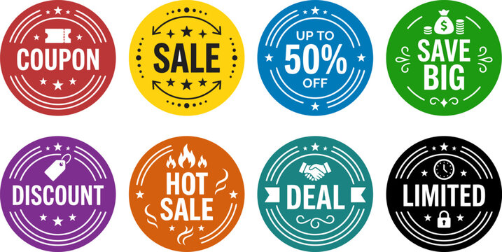 Set of colorful sale and discount badges for retail marketing and promotional campaigns