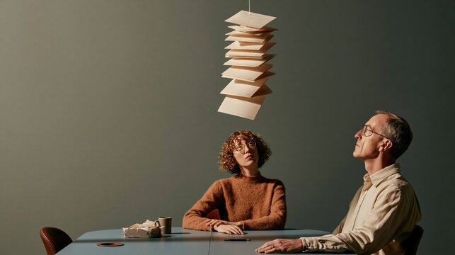 Floating column of blank paper sheets hovering above a table, with a man and woman watching in a muted olive green office for a creative mockup