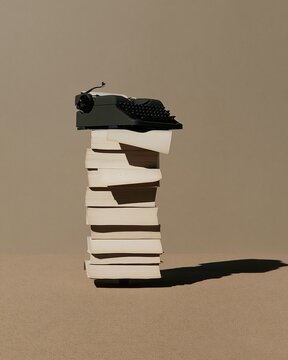 Manual typewriter balancing on a precarious stack of aged paper reams, featuring weathered textures and copy space for vintage publishing campaigns