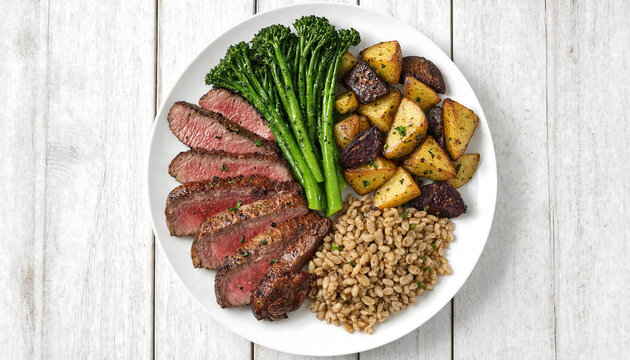 Sliced grilled steak served with roasted potatoes, steamed broccolini, and cooked grains on a white plate over a rustic wooden table surface