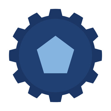 Stylized industrial gear icon with a central pentagonal cutout and solid flat colors isolated on a white background, industrial engineering concept