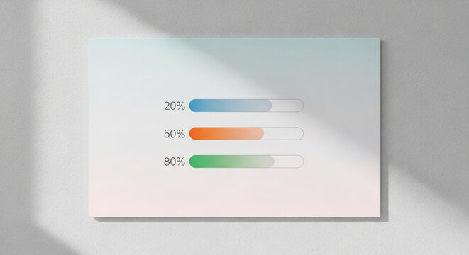A series of three colorful horizontal bars indicate user progress levels at twenty percent, fifty percent, and eighty percent as presented on a glowing surface illuminated by natural window