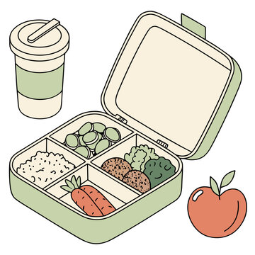 Healthy lunch box container with compartments containing vegetables rice and protein