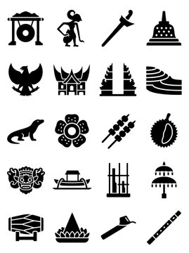 Indonesian Culture Vector Icons Set Featuring Landmarks Instruments Food And Symbols