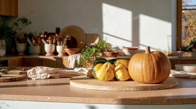 Large pumpkin and autumn gourds on a rustic kitchen counter with soft light for home decor and cooking campaigns