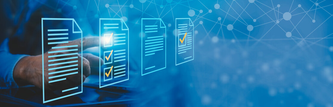 Digital Document Management Concept with Businessman Touching Virtual Checklist.