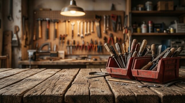 Authentic rustic wooden table surface in an organized industrial workshop setting with tools.
