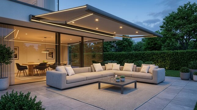 Luxurious modern outdoor patio featuring a retractable awning, comfortable sofa with pillows, and minimalist garden ambient lighting.