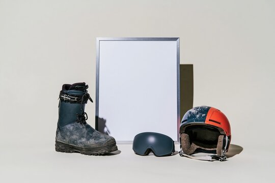 Blank opening date board with a metal frame surrounded by weathered ski gear, set against a neutral background for winter resort mockups
