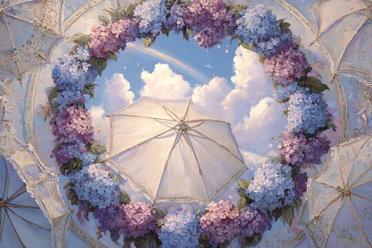 Ornate floral wreath ceiling with parasol umbrella open to sky and clouds